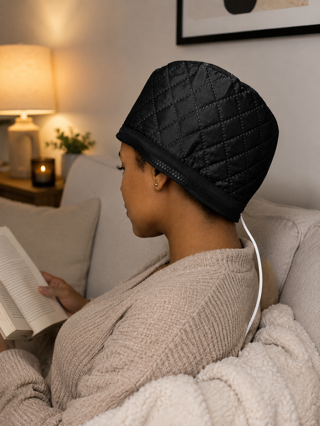 Electric heating cap in use during a deep conditioning treatment