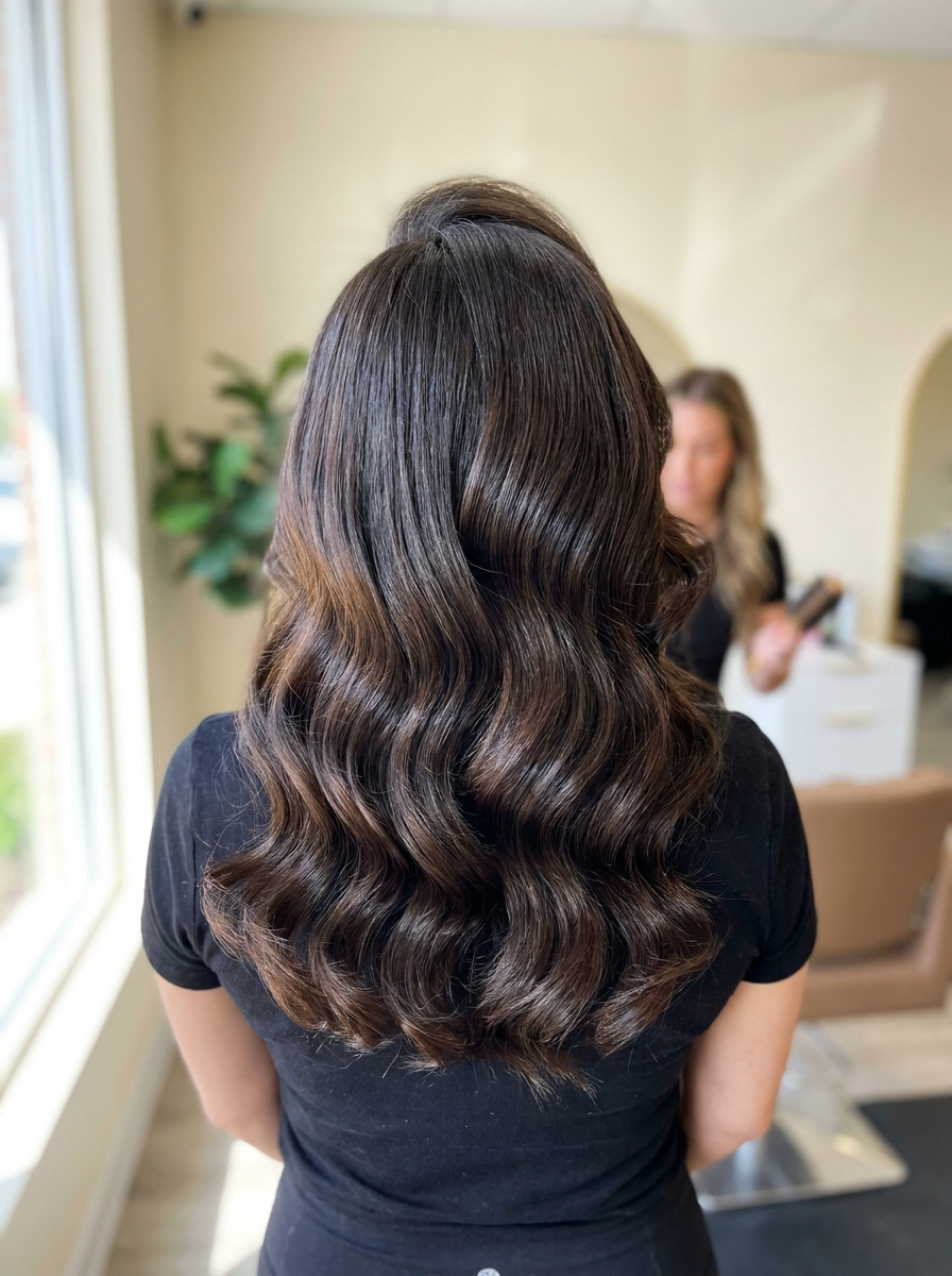Dark brown hair set in a glossy roller set, the finish included with the Relaxer service (temporary image, pending Crismayri's own photo)