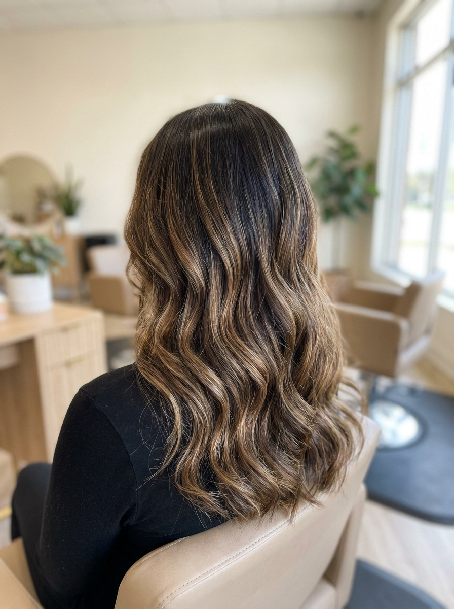 Back view of dark hair with caramel and blonde highlights and an evenly retouched root, styled in soft waves (temporary image)